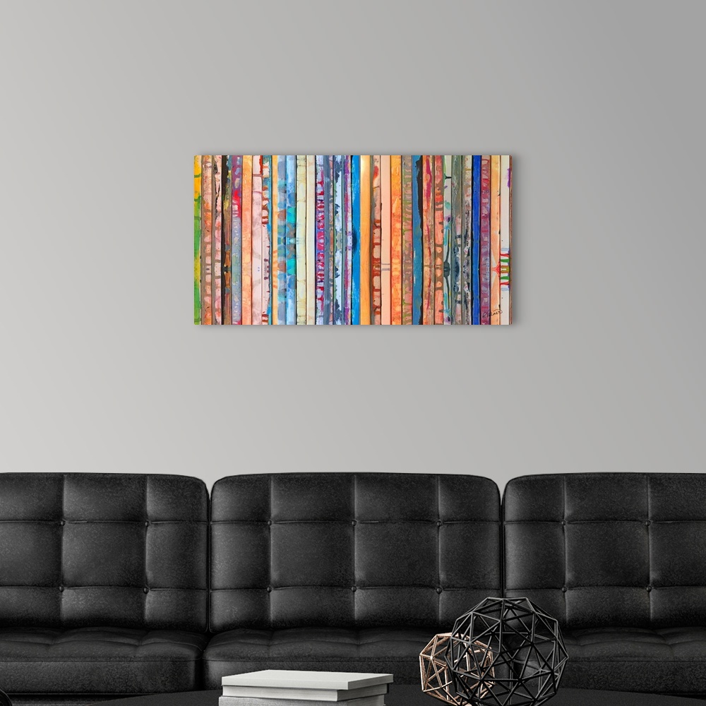 A modern room featuring Contemporary abstract painting of slatted bars with vibrant colors.