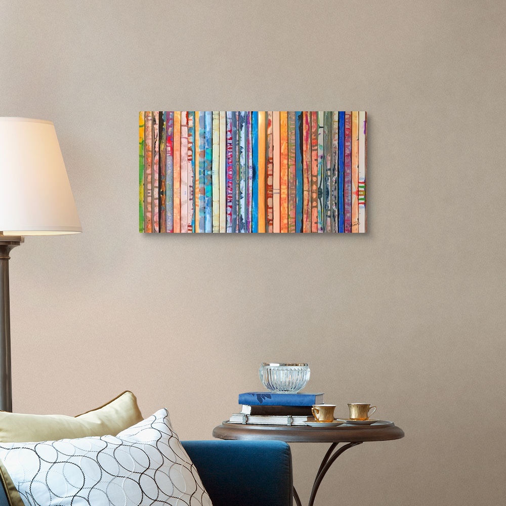 A traditional room featuring Contemporary abstract painting of slatted bars with vibrant colors.