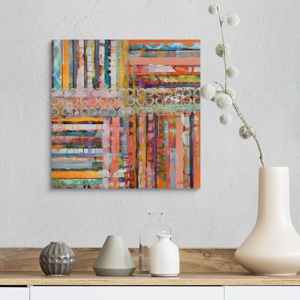 A farmhouse room featuring Contemporary abstract painting vertical bars of different colors moving in four different directi...