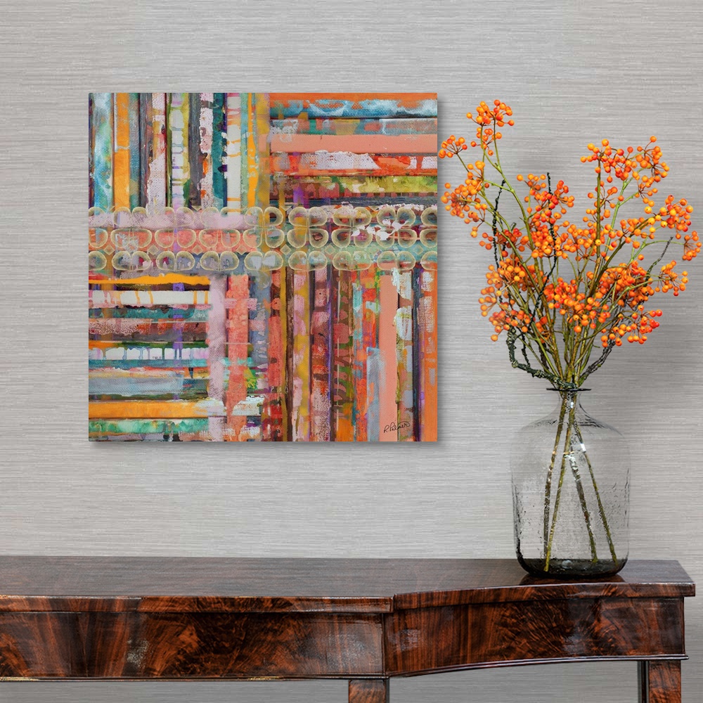 A traditional room featuring Contemporary abstract painting vertical bars of different colors moving in four different directi...