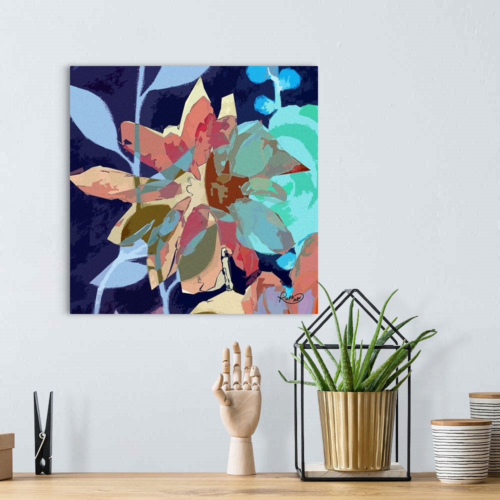 A bohemian room featuring Square abstract art of a big flower created with sections of various colors.