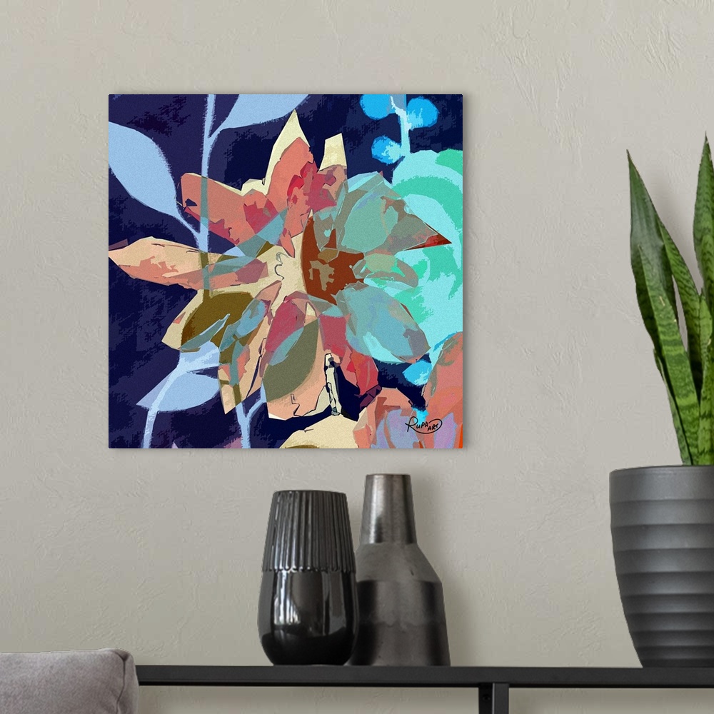 A modern room featuring Square abstract art of a big flower created with sections of various colors.