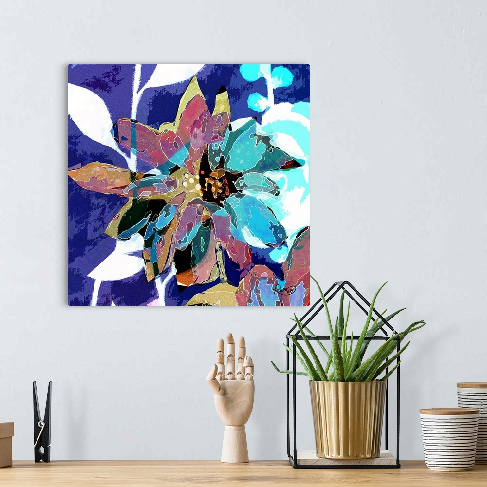 A bohemian room featuring Square abstract art of a big flower created with white lines and a patched on color look in shade...