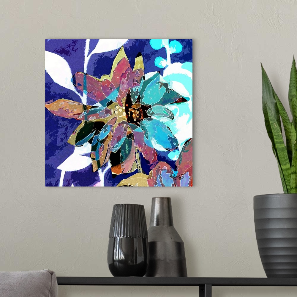 A modern room featuring Square abstract art of a big flower created with white lines and a patched on color look in shade...