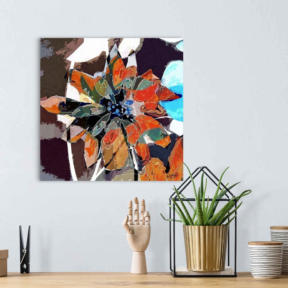 A bohemian room featuring Square abstract art of a big flower created with white lines and a patched on color look.
