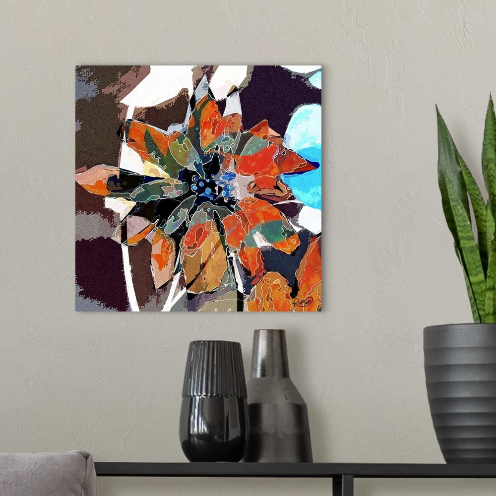 A modern room featuring Square abstract art of a big flower created with white lines and a patched on color look.