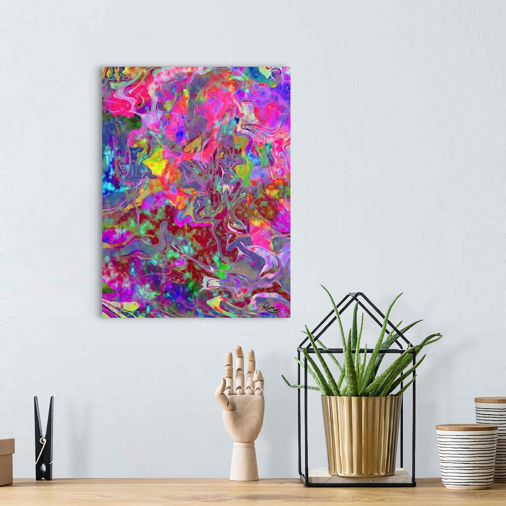 A bohemian room featuring Pink and purple based abstract art with bright colors swirled and formed together.