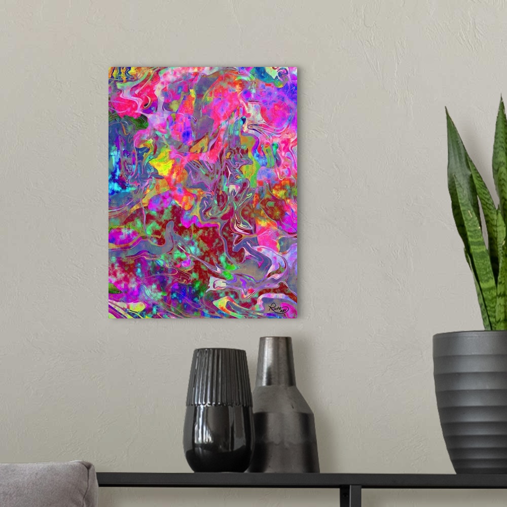 A modern room featuring Pink and purple based abstract art with bright colors swirled and formed together.