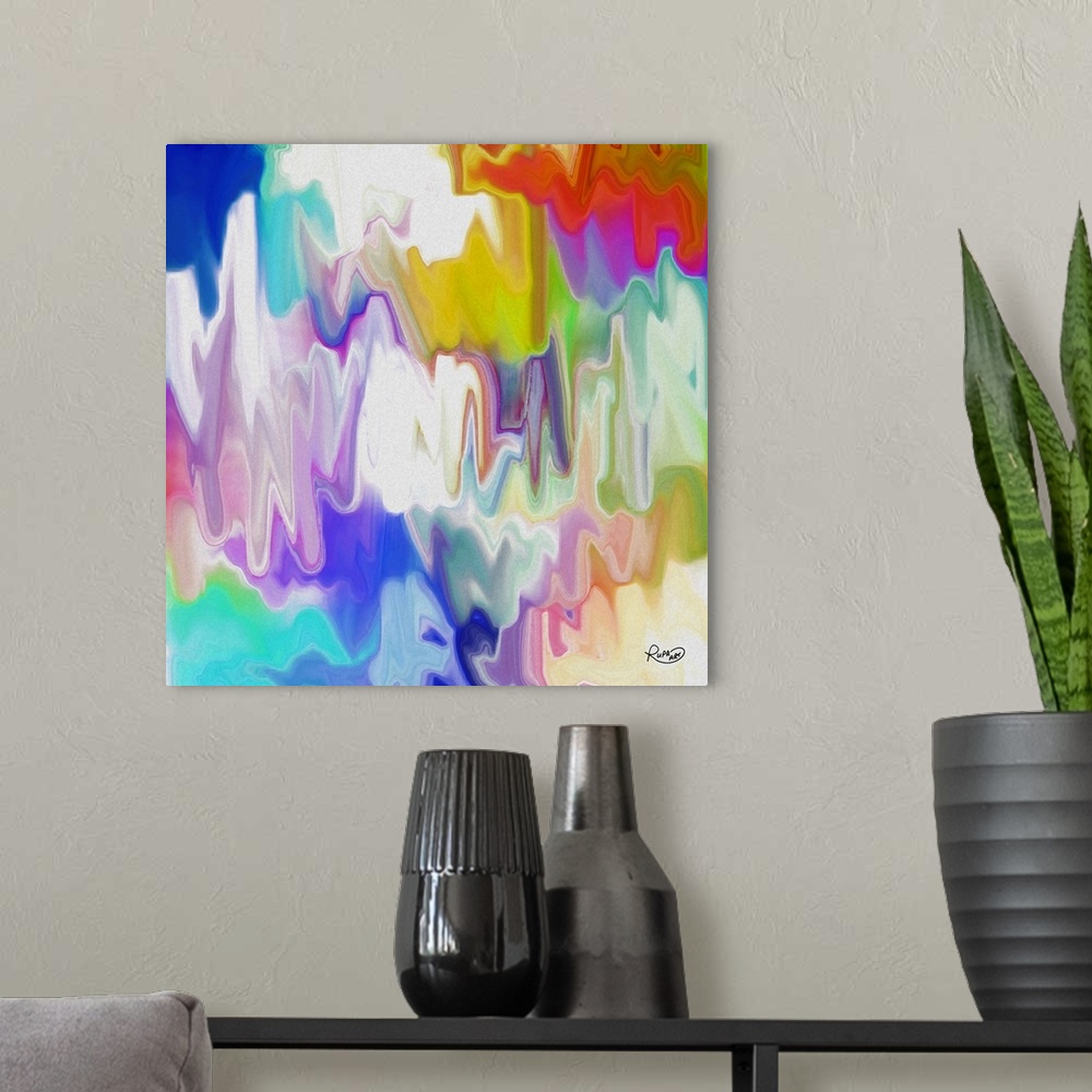 A modern room featuring All colors of the rainbow gently zigzagged together vertically creating smooth movement.