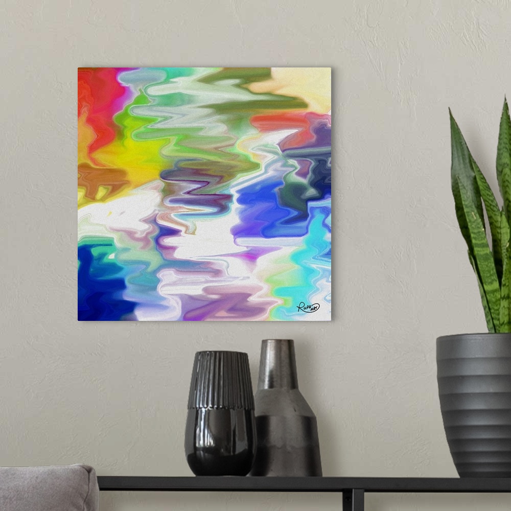 A modern room featuring All colors of the rainbow gently zigzagged together horizontally creating smooth movement.