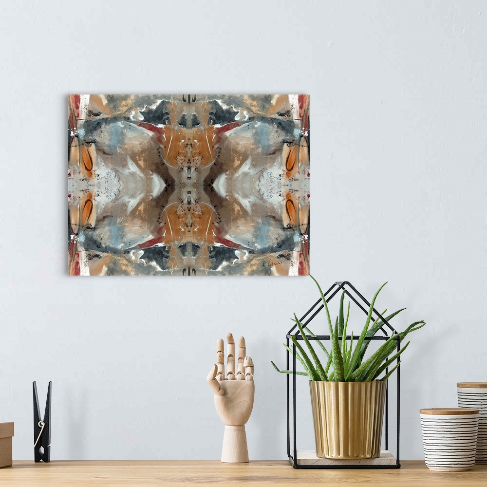 A bohemian room featuring Abstract contemporary painting resembling a kaleidoscopic image, in brown and grey tones.