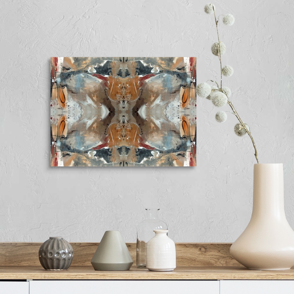 A farmhouse room featuring Abstract contemporary painting resembling a kaleidoscopic image, in brown and grey tones.