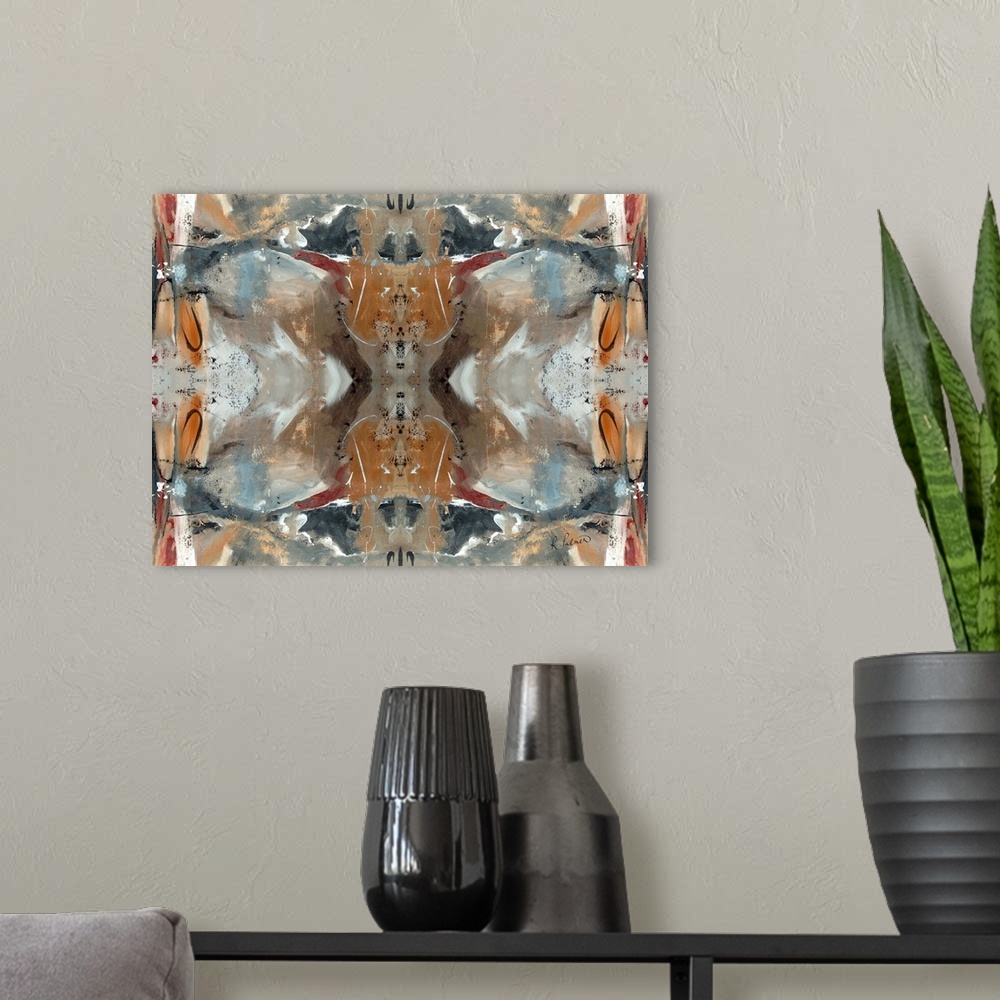 A modern room featuring Abstract contemporary painting resembling a kaleidoscopic image, in brown and grey tones.