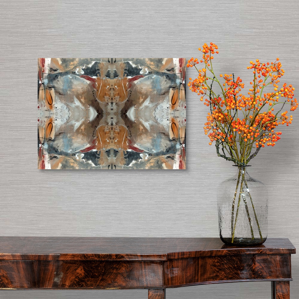 A traditional room featuring Abstract contemporary painting resembling a kaleidoscopic image, in brown and grey tones.