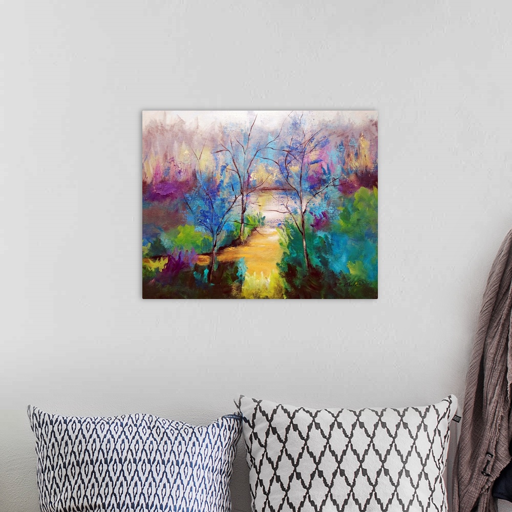 A bohemian room featuring Large painting of a clearing in a forest.