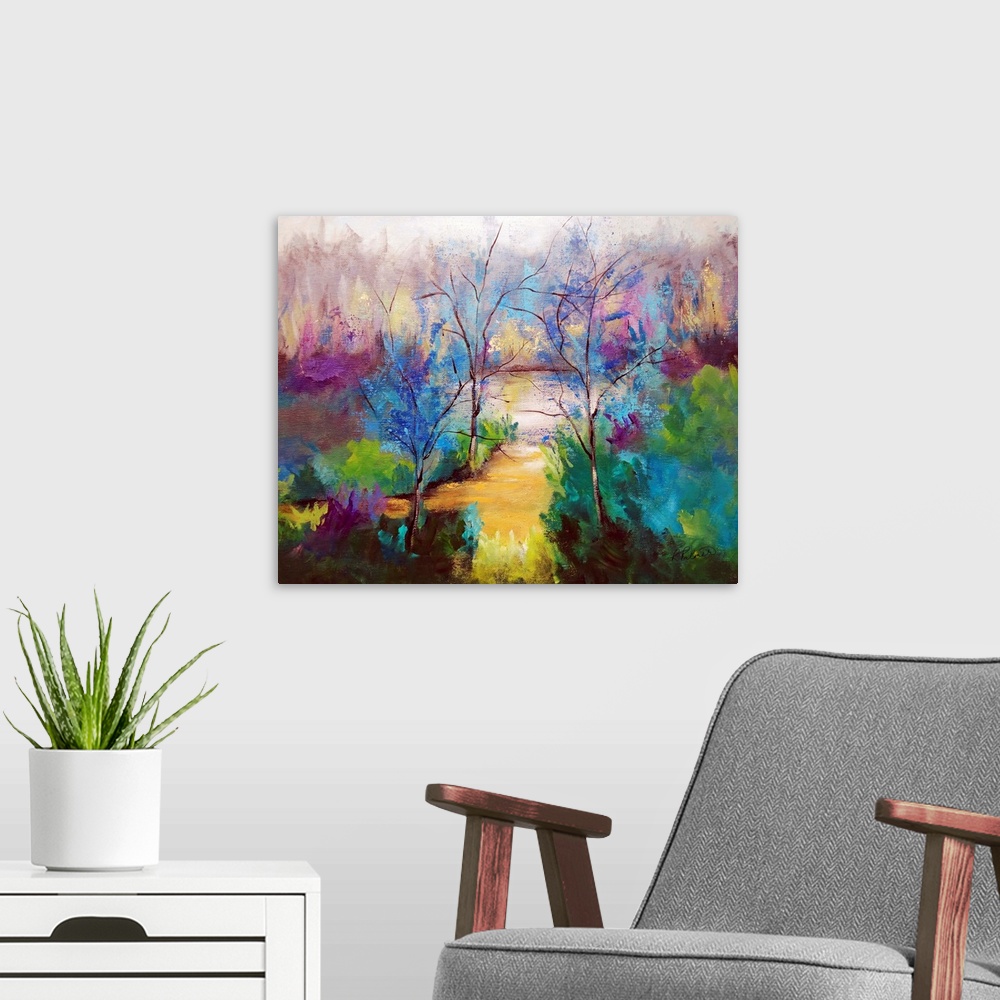 A modern room featuring Large painting of a clearing in a forest.