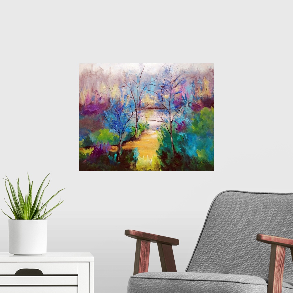 A modern room featuring Large painting of a clearing in a forest.