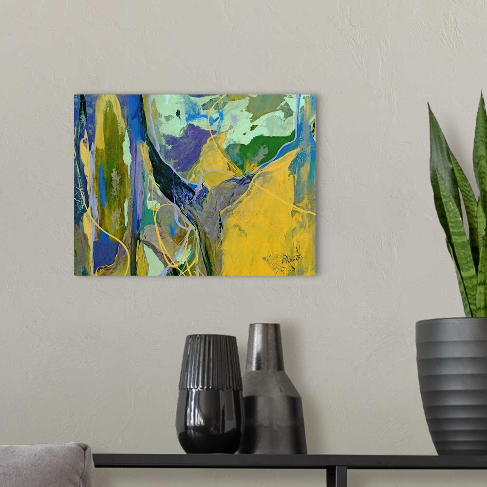 A modern room featuring Cool toned abstract painting with purple, blue, green, and yellow hues.
