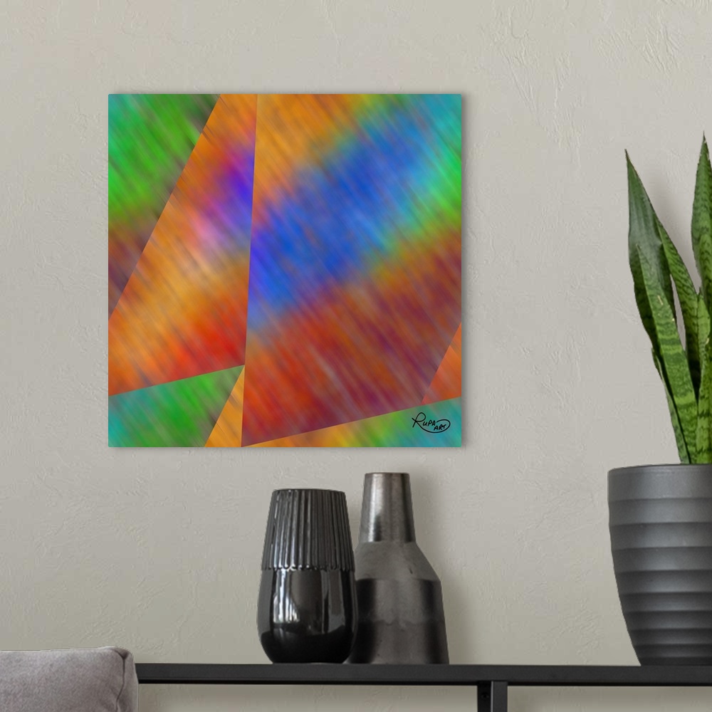 A modern room featuring Square abstract art with angles of gradient color patterns.