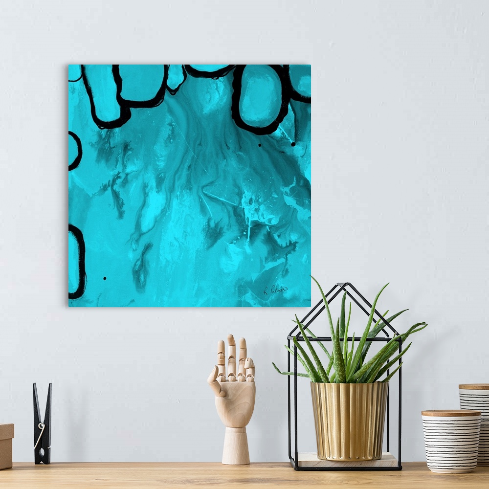 A bohemian room featuring Contemporary abstract painting using aqua blue and bold lined organic shapes.
