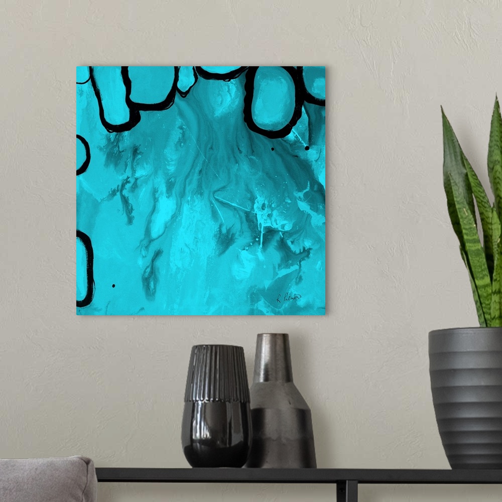 A modern room featuring Contemporary abstract painting using aqua blue and bold lined organic shapes.