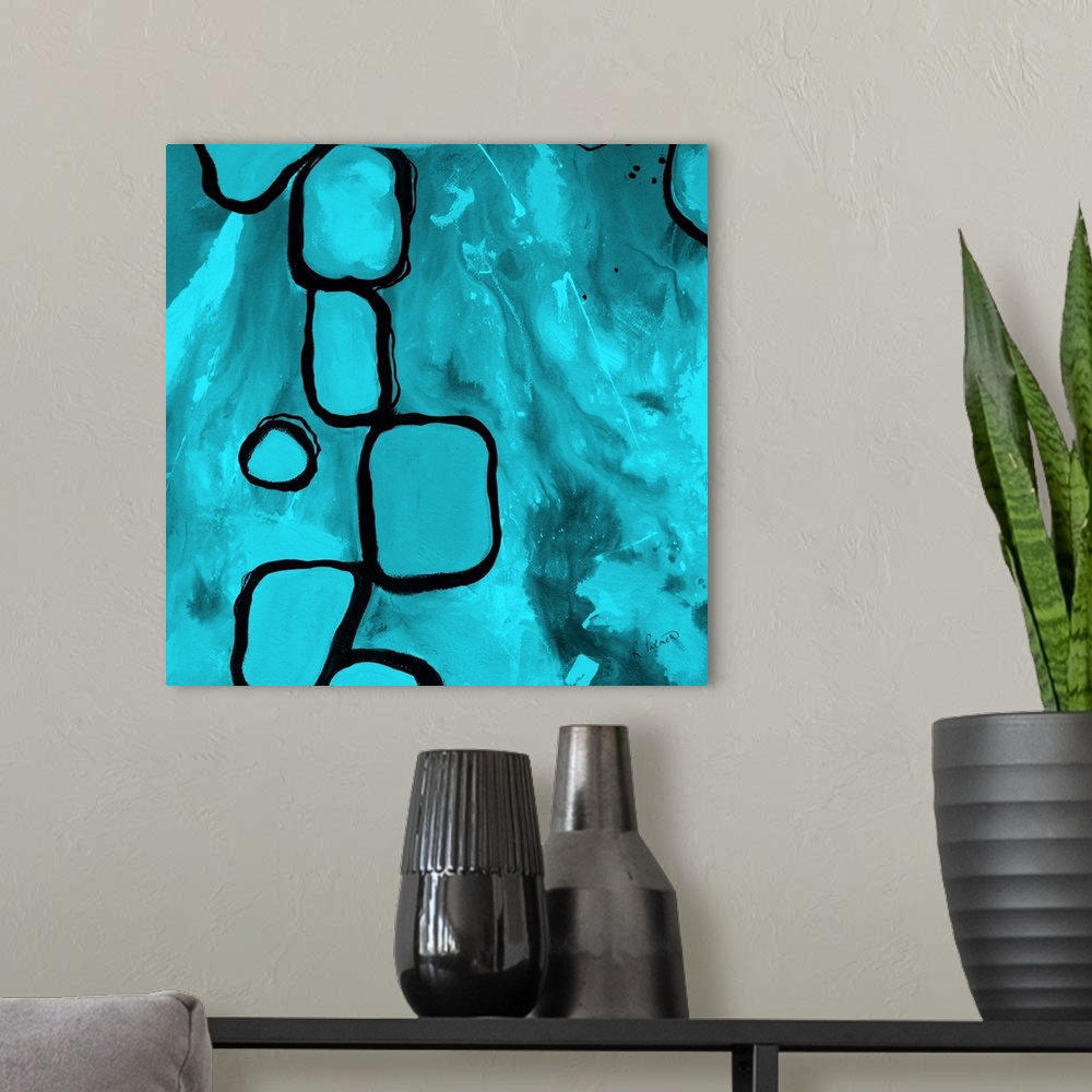 A modern room featuring Contemporary abstract painting using aqua blue and bold lined organic shapes.