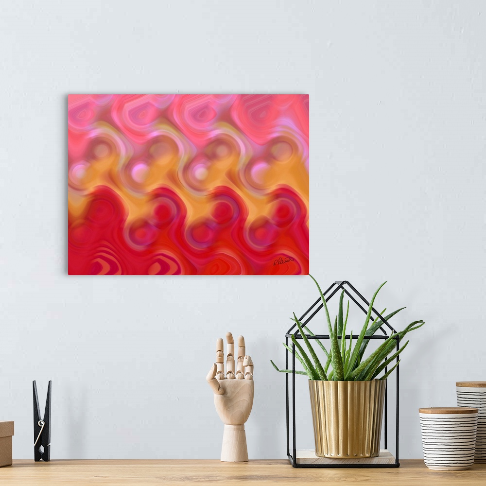 A bohemian room featuring Vibrant abstract artwork in a repetitive spiral pattern that fades to different colors.