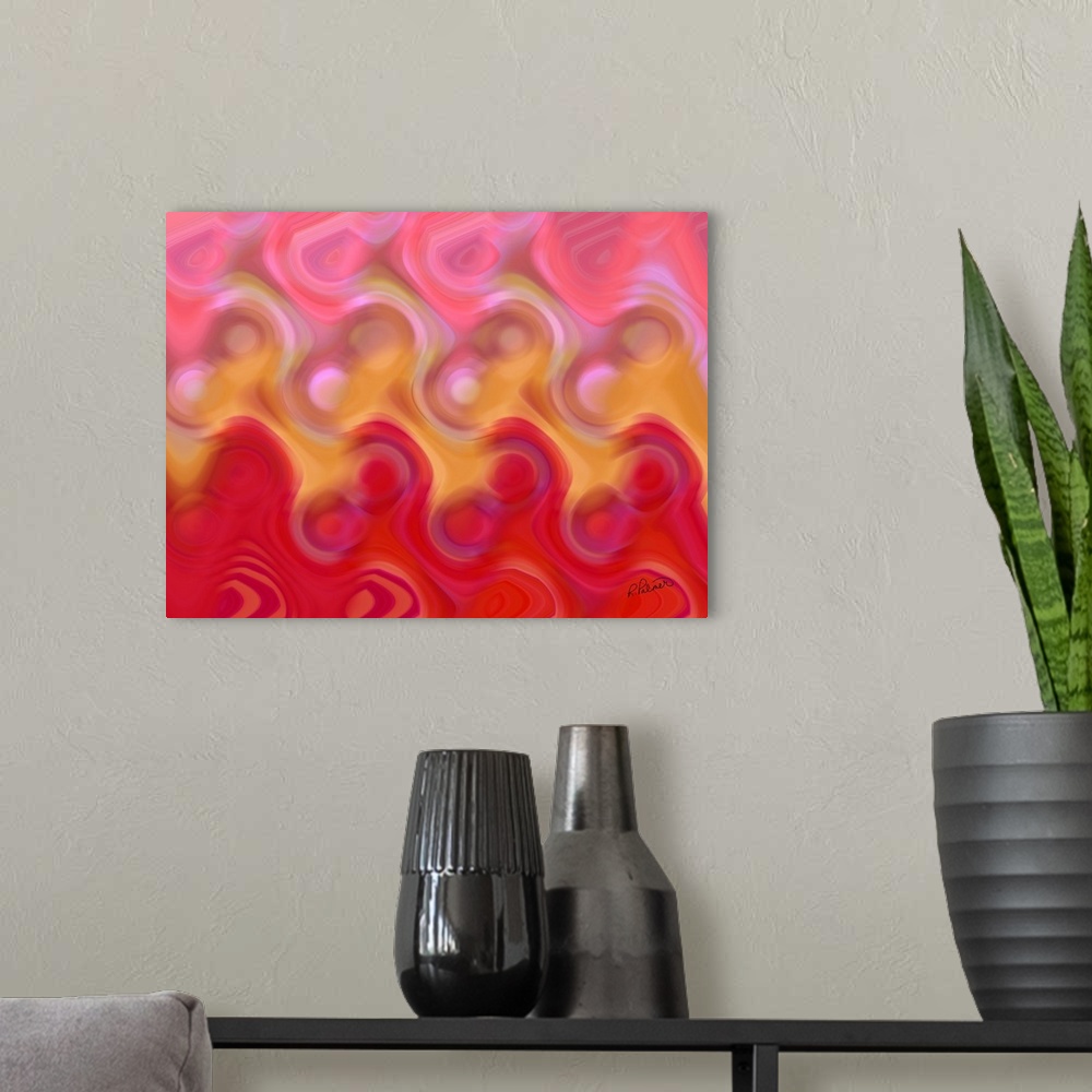 A modern room featuring Vibrant abstract artwork in a repetitive spiral pattern that fades to different colors.