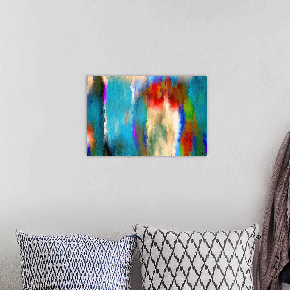 A bohemian room featuring Large, colorful abstract art with overlaying texture.