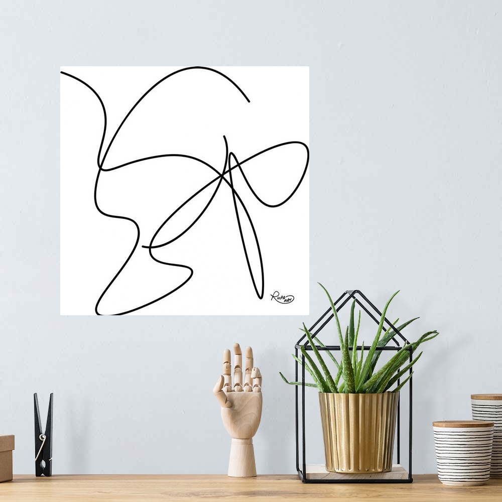 A bohemian room featuring Minimalist contemporary art of a black swirling line on white.