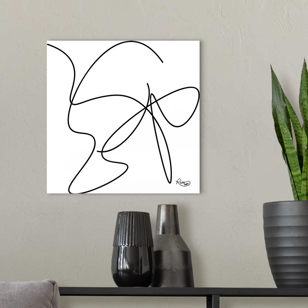 A modern room featuring Minimalist contemporary art of a black swirling line on white.