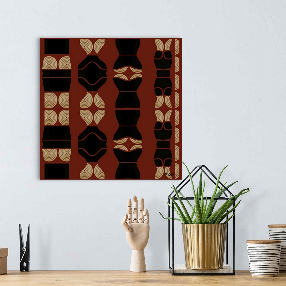 A bohemian room featuring Black Red And Gold Shapes Pattern Two