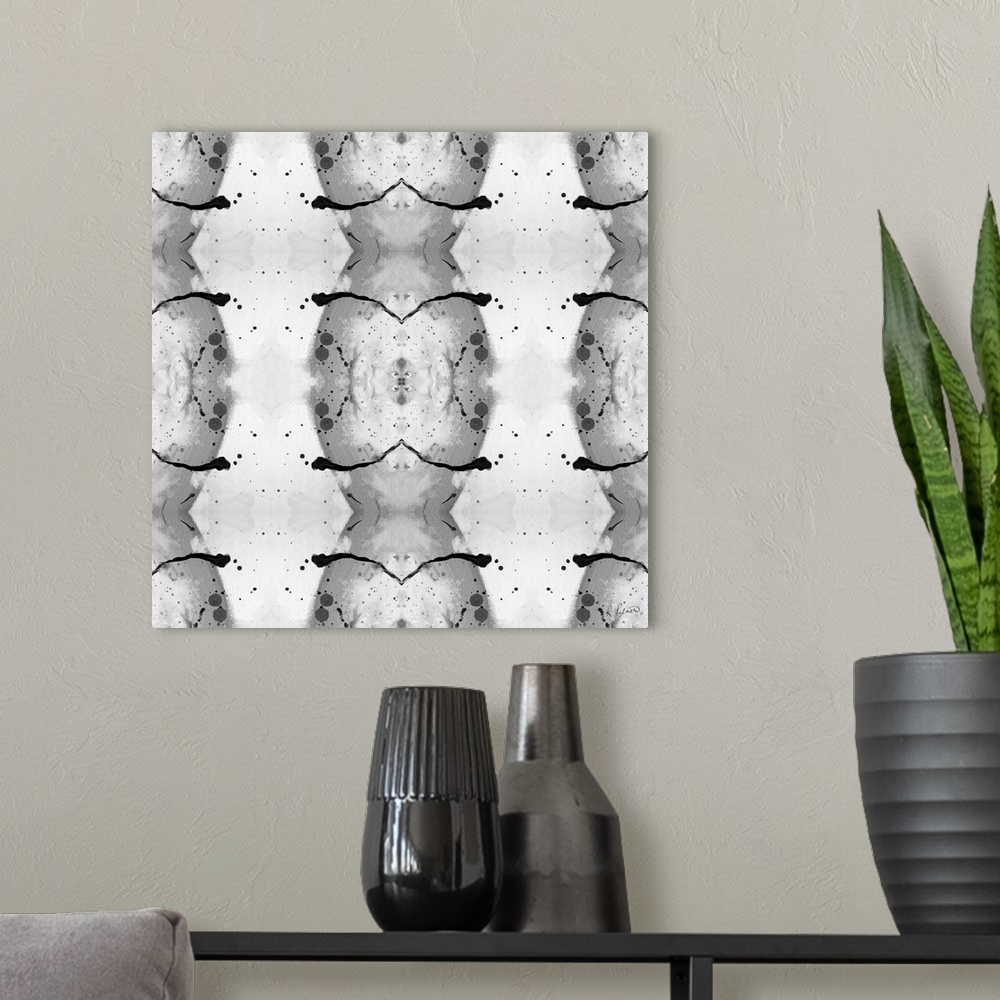 A modern room featuring Abstract contemporary painting resembling a kaleidoscopic image, with a repeating grey and white ...