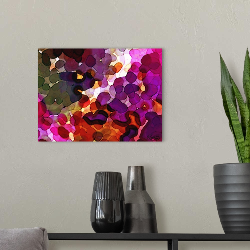 A modern room featuring Large, abstract art with blobs of pink, purple, and orange hues layered on top of each other.