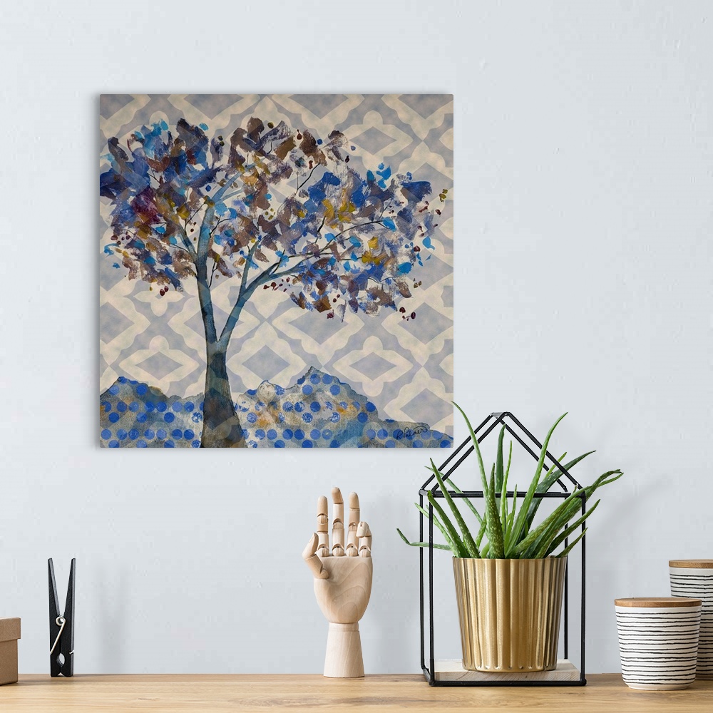 A bohemian room featuring Blue And Gold Tree With Diamond Back