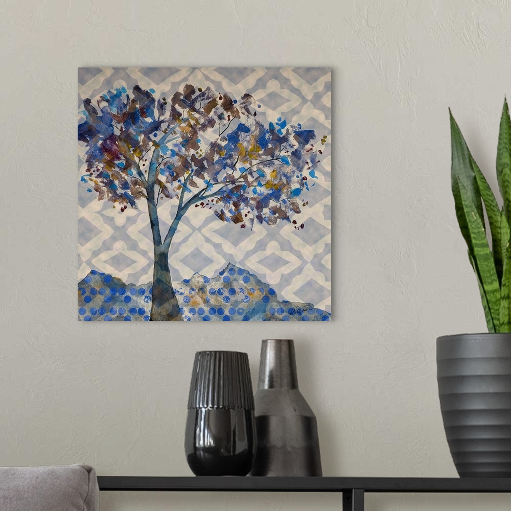 A modern room featuring Blue And Gold Tree With Diamond Back