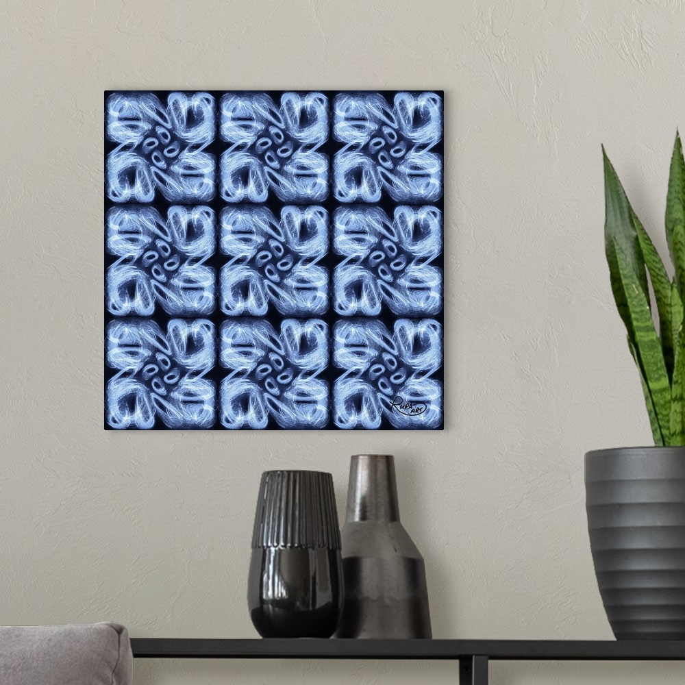 A modern room featuring Square artwork with a repetitive pattern of brush stroked circles in blue and white.