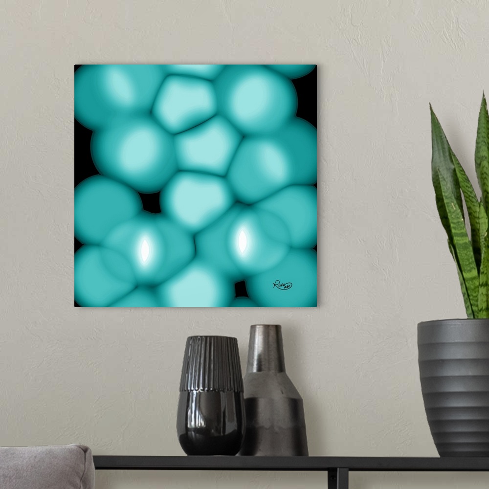 A modern room featuring Square abstract art that has soft, teal, translucent, circular shapes layered together on a black...