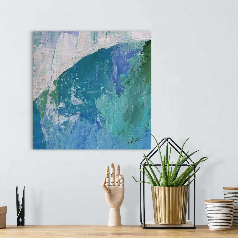 A bohemian room featuring Square cool toned abstract painting with different shades of blue and hints of green layered on t...
