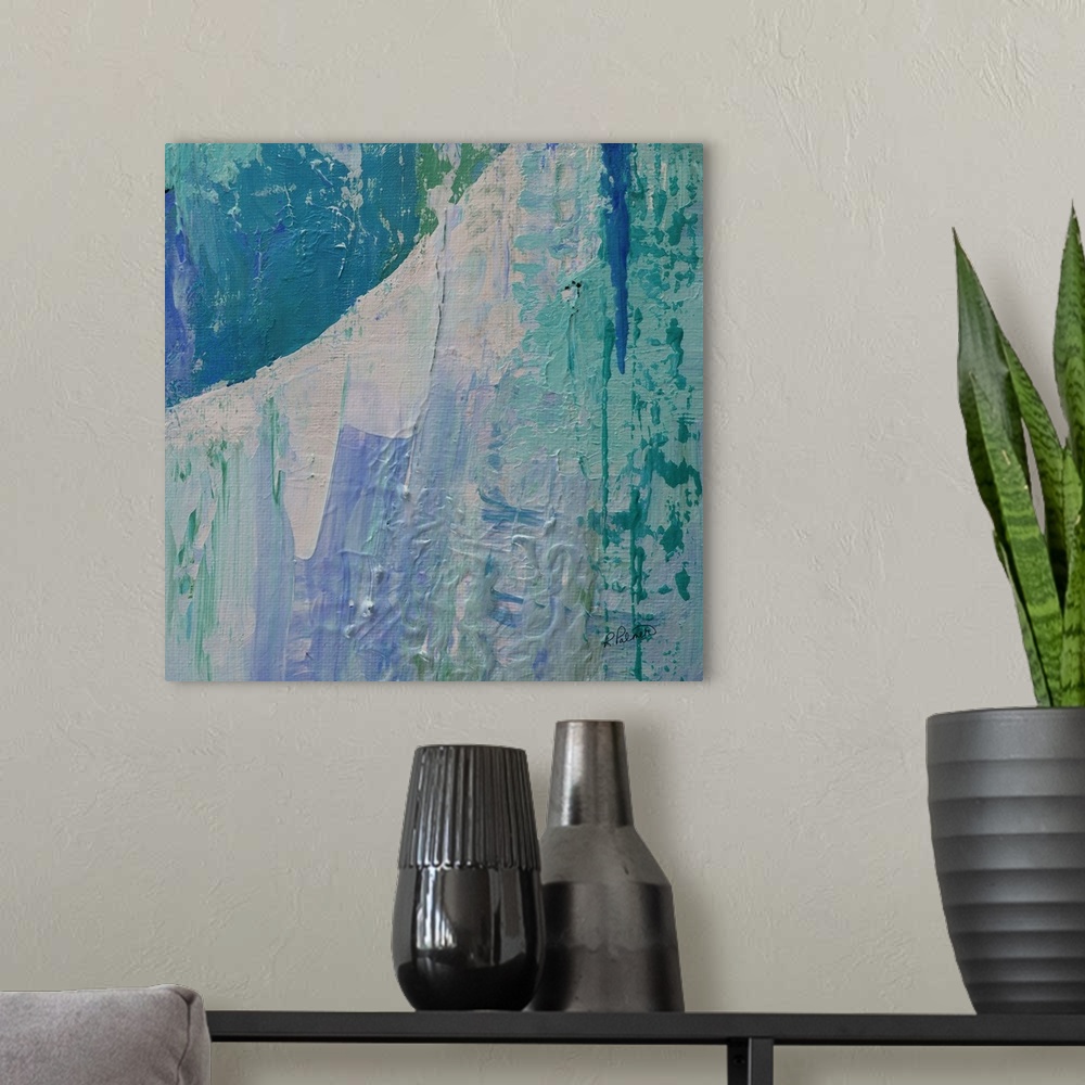 A modern room featuring Square cool toned abstract painting with different shades of blue and hints of green layered on t...