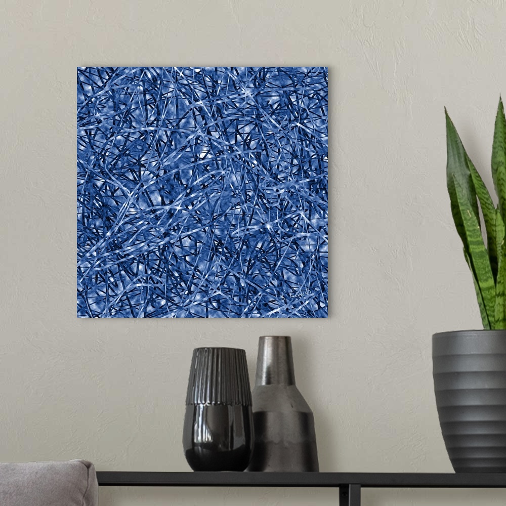 A modern room featuring Contemporary abstract painting using a light navy blue in continuous interweaving webs.