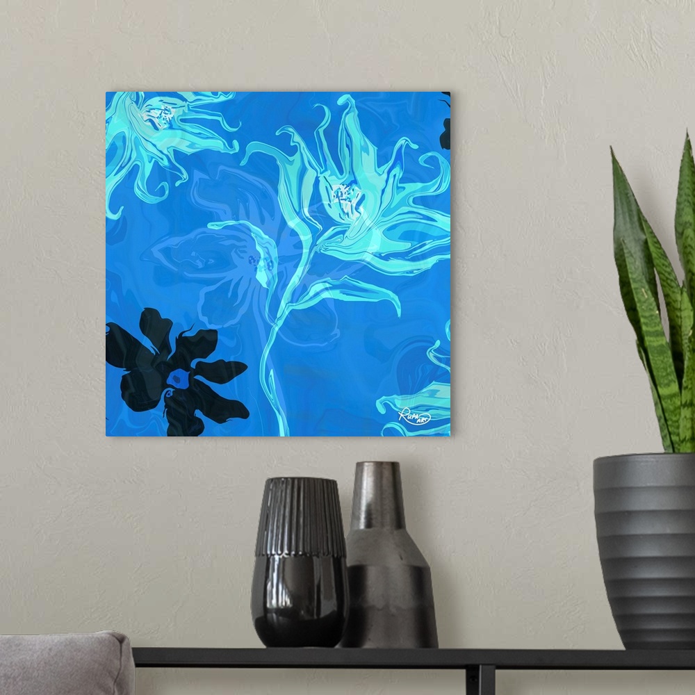 A modern room featuring Blue Whispy Flowers Two