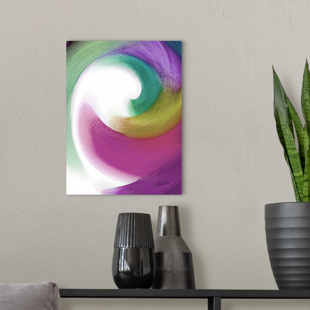 A modern room featuring A vertical image of a varies blurred colors in a curved design.