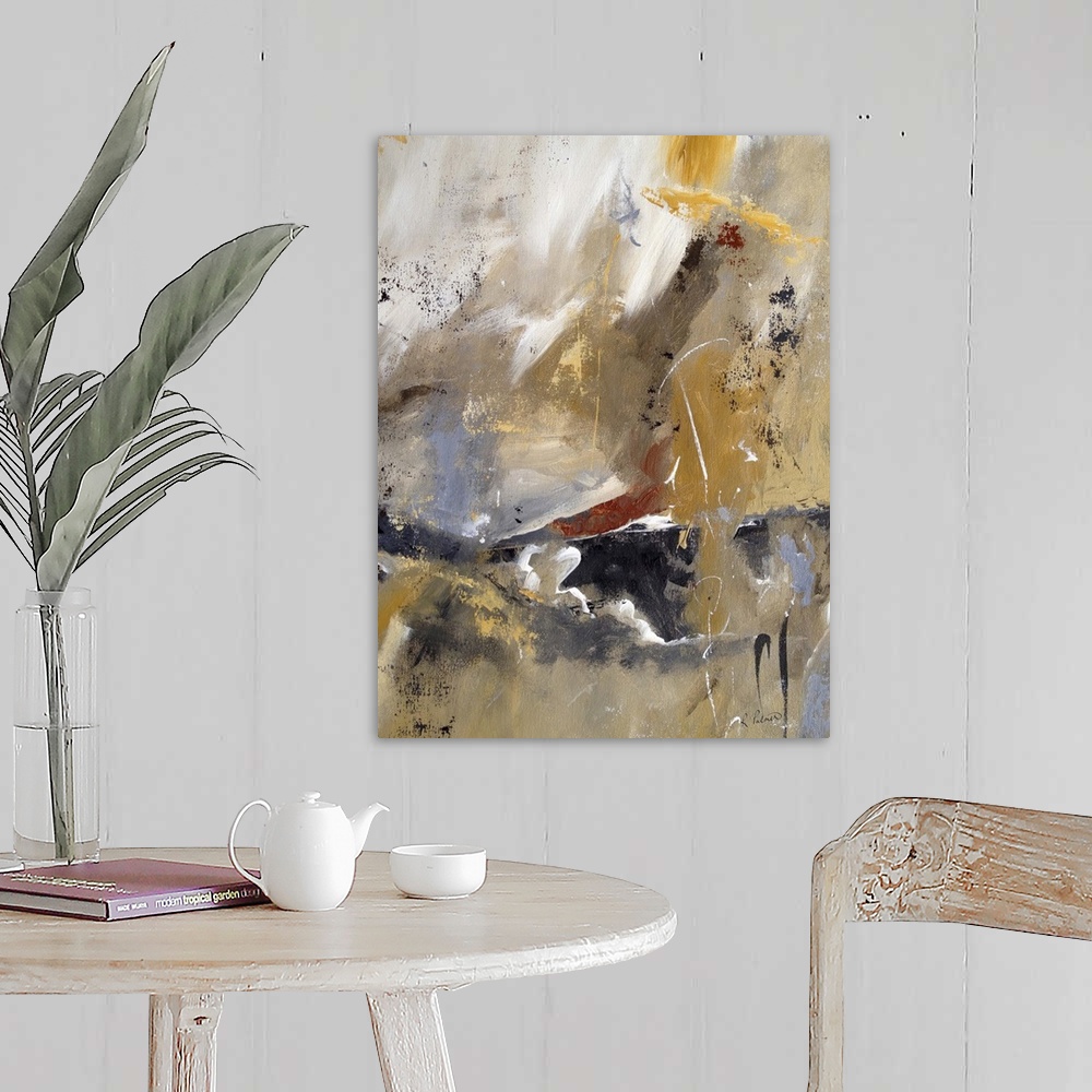 A farmhouse room featuring Contemporary abstract painting in neutral colors, with broad brushstrokes.