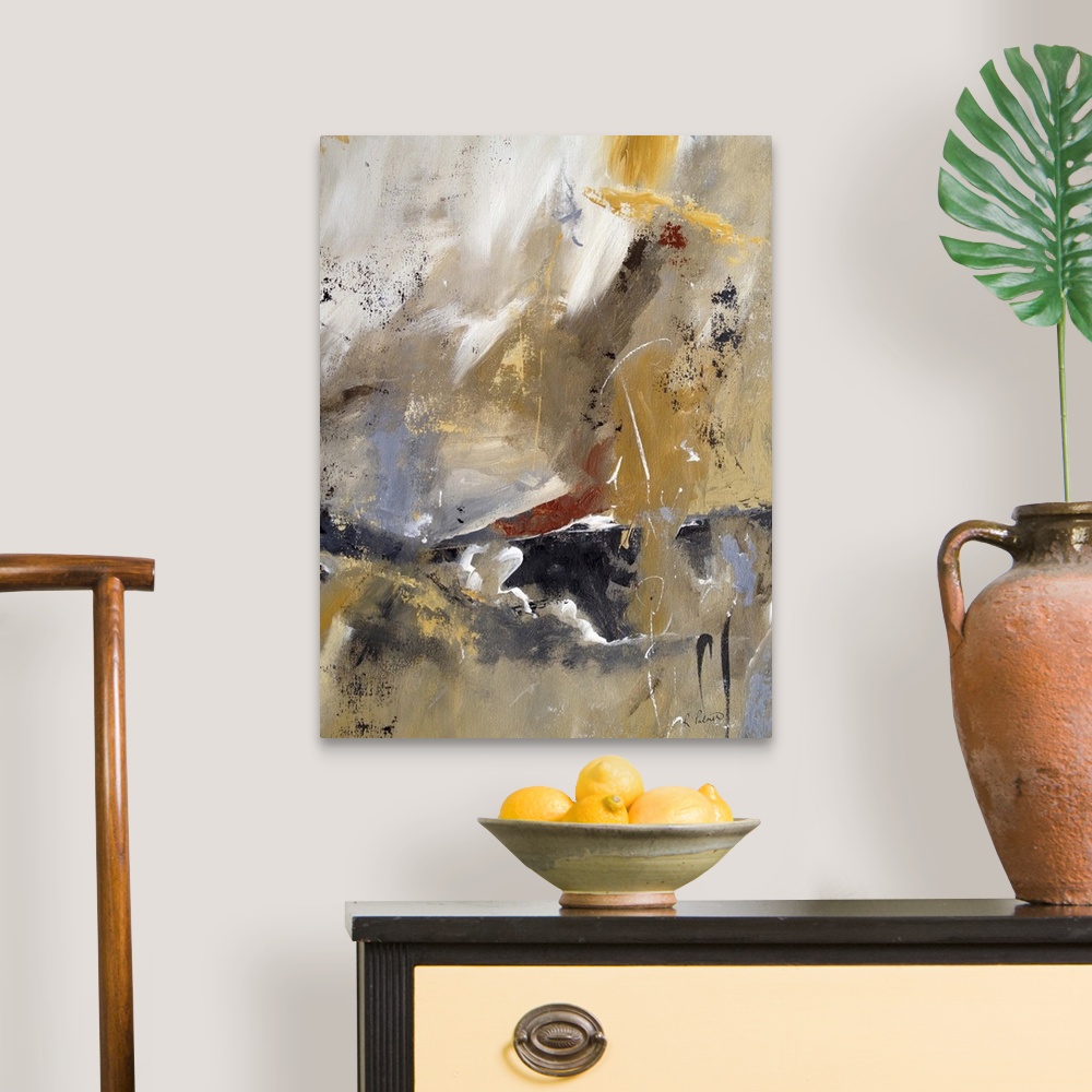 A traditional room featuring Contemporary abstract painting in neutral colors, with broad brushstrokes.