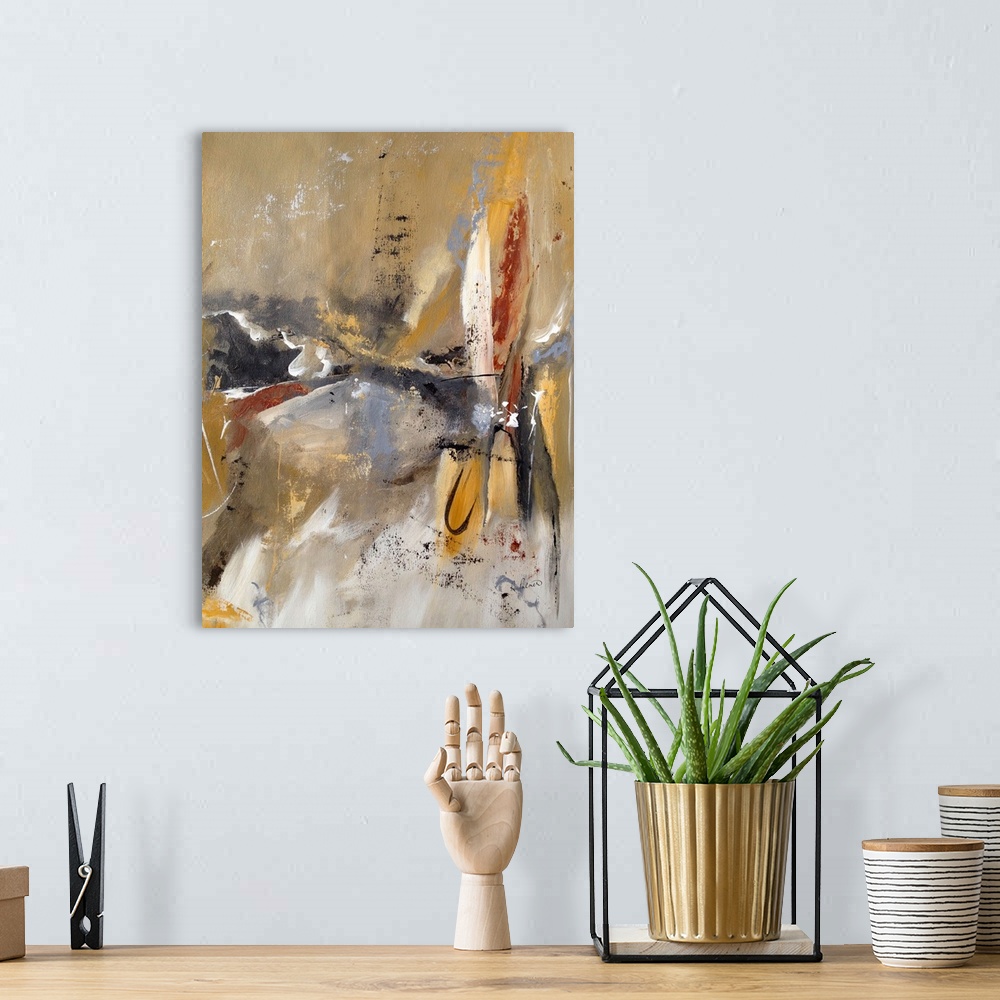 A bohemian room featuring Contemporary abstract painting in neutral colors, with broad brushstrokes.