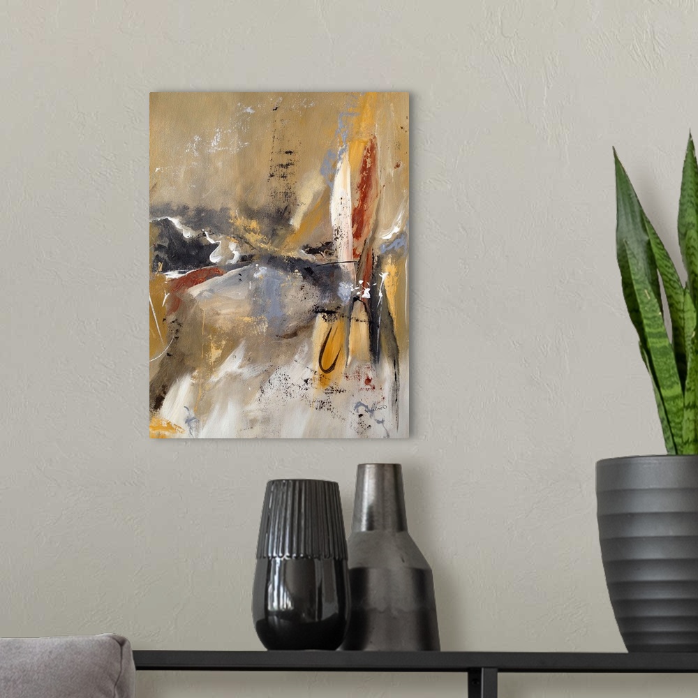 A modern room featuring Contemporary abstract painting in neutral colors, with broad brushstrokes.