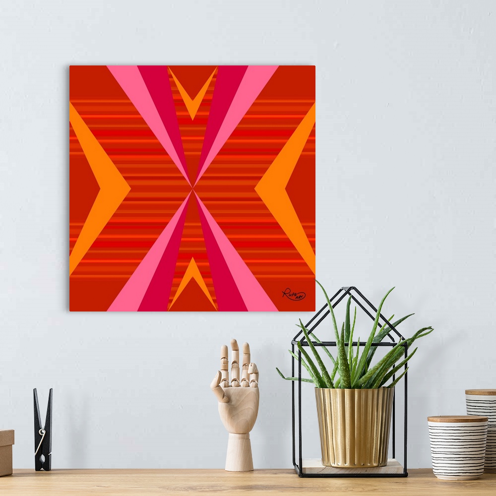 A bohemian room featuring Square abstract of striped diagonal lines in vibrant colors of pink, orange and red.