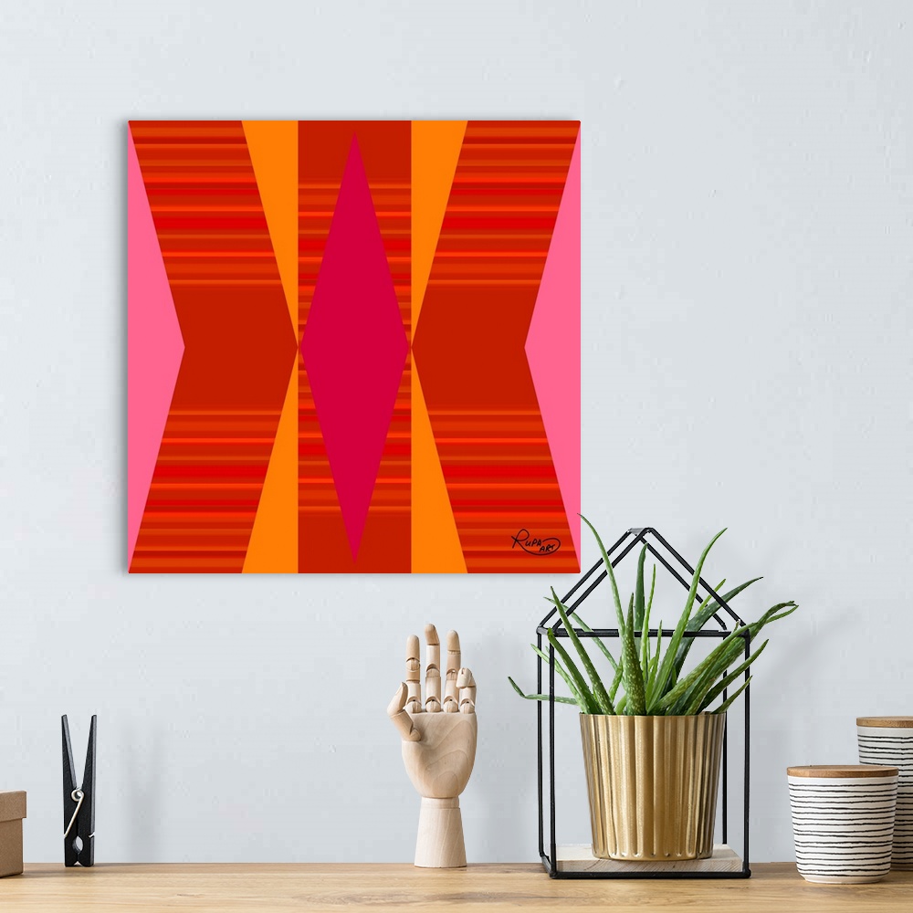 A bohemian room featuring Square abstract of striped diagonal lines in vibrant colors of pink, orange and red.