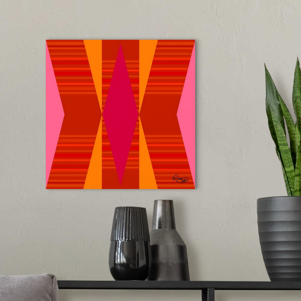 A modern room featuring Square abstract of striped diagonal lines in vibrant colors of pink, orange and red.